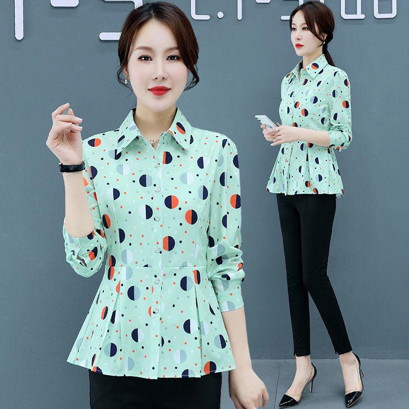 

Женская одежда, блузка в горошек с принтом, корейская однобортная рубашка с длинным рукавом и воротником-поло, модная рубашка 5XL зелёный