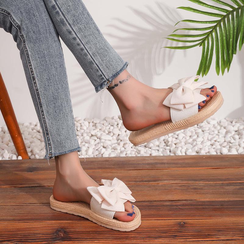 

Летние новые домашние легкие тапочки для отдыха и комфорта, одно слово, плоская подошва, нескользящие, конфетного цвета, с бантом для женщин 36