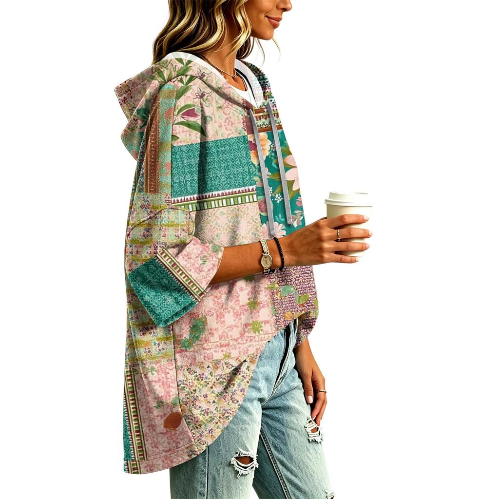 Women's Fashion Hooded Pullover Top with Three-Quarter Sleeves and Patchwork Print