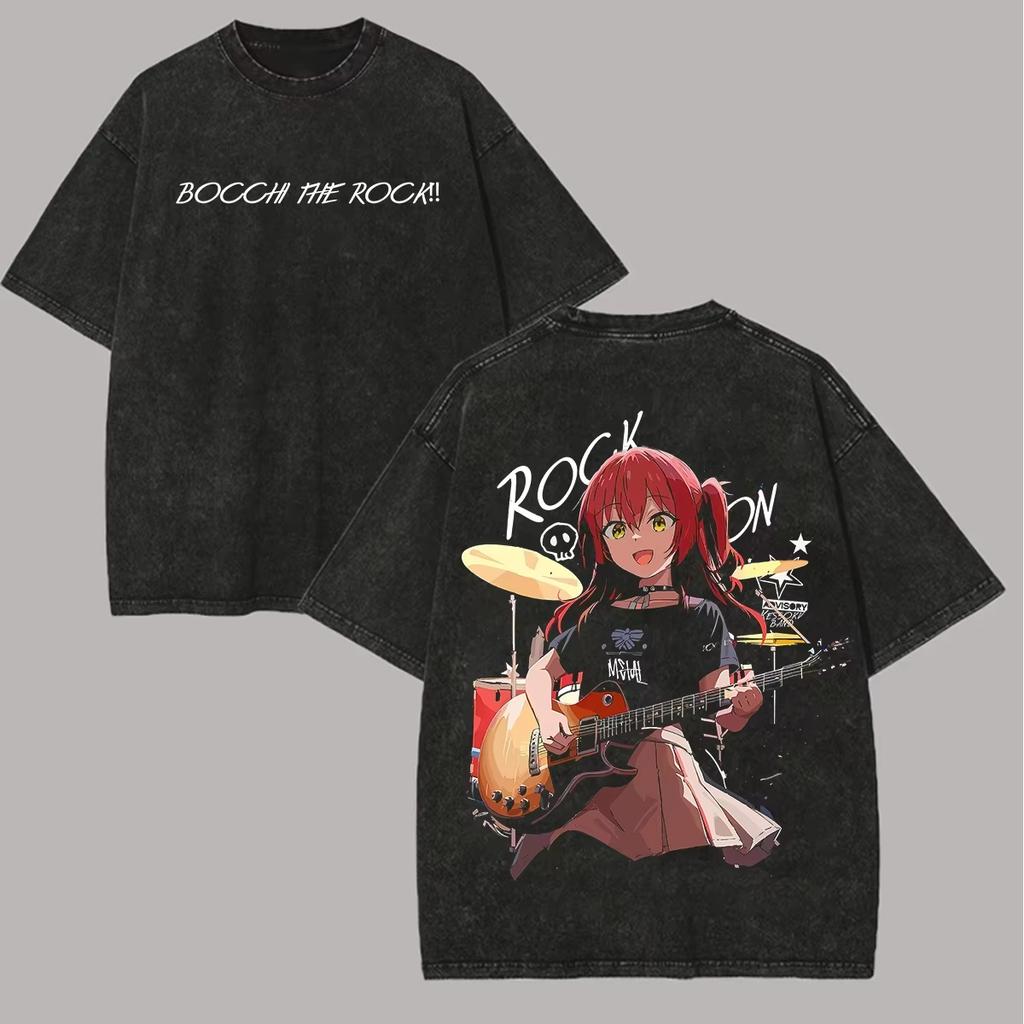 Unisex Soft Vintage Street Trendy Washed T-Shirt With Bocchi the Rock Gotoh Hitori Print, Stylish Apparel Suitable For All Seasons