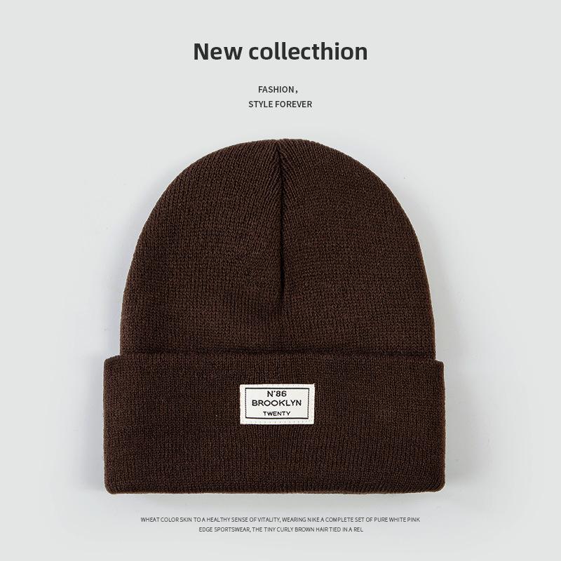 Autumn and Winter Knitted Hat Niche Personality Fashion Melon Rind Wool Hat Warm Protection Amount Simple Letter Cloth Label Cold Hat