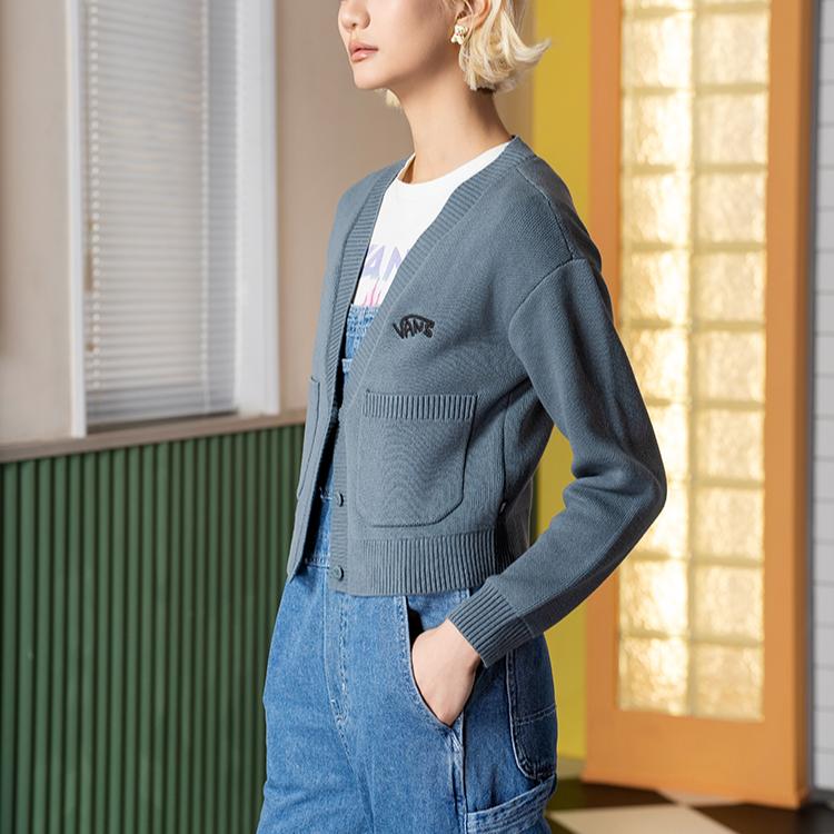 Vans Cardigan Panda Print Warm Comfortable Versatile Single-Breasted Long Sleeve Knit Sweater Women tops Gray Blue VN000NFBRV2