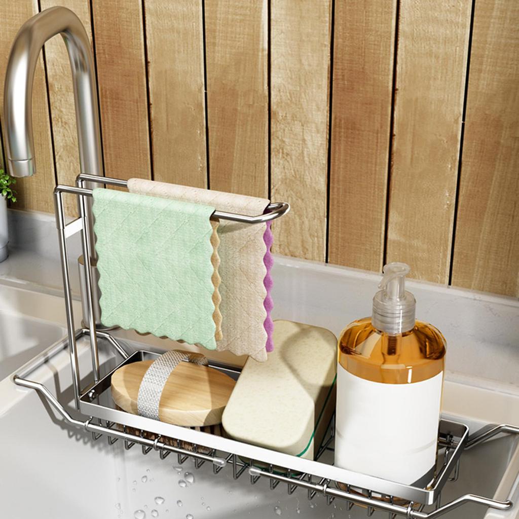 Telescopic Kitchen Sink Storage Rack Organzier Extendable Sponge Holder Caddy Tray with Dish