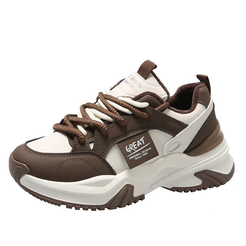 

мода Новые цветные кожаные спортивные туфли на толстой подошве для женщин, туфли для пап на толстой подошве для шопинга, модная и повседневная обувь 40 хаки