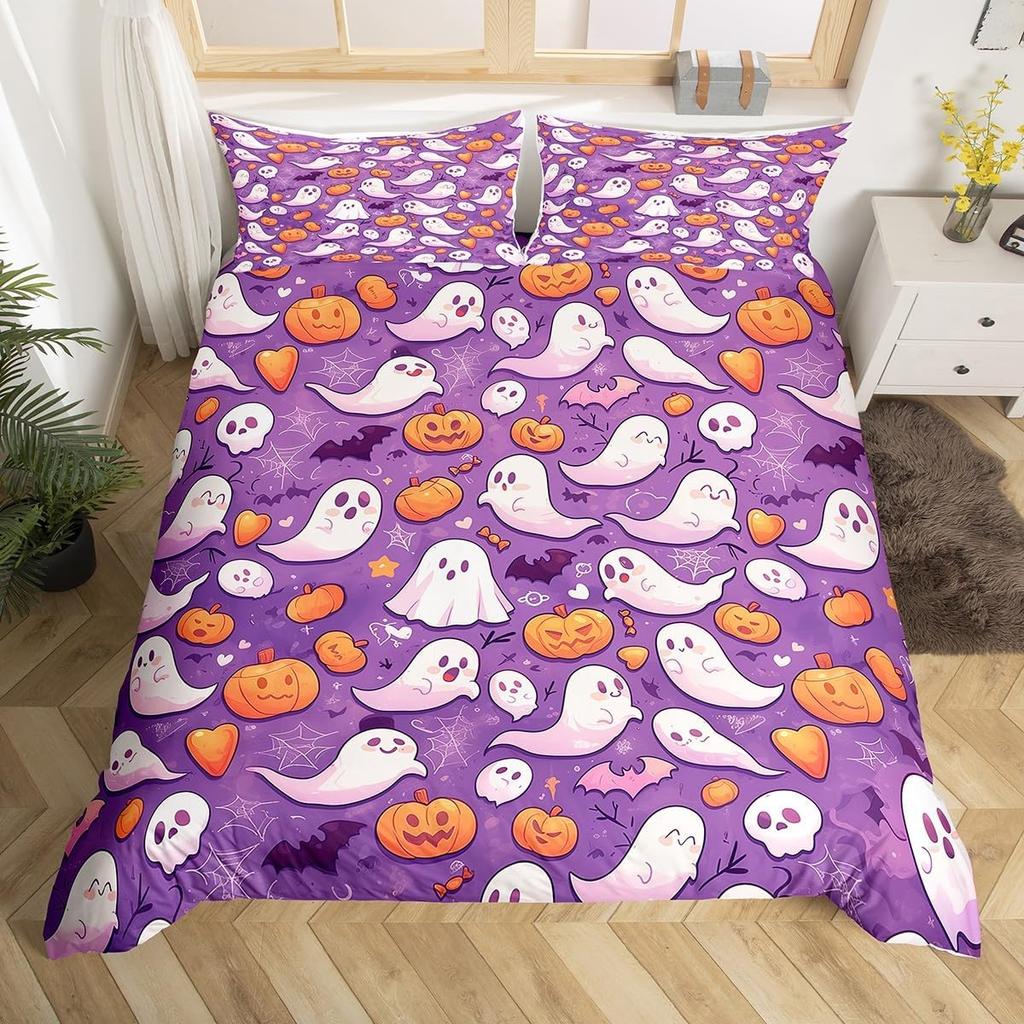 Cartoon Ghost Duvet Cover Twin Queen Happy Halloween Bedding Set Orange Pumpkin Flowers Rustic Comforter Cover with 2 Pillowcase