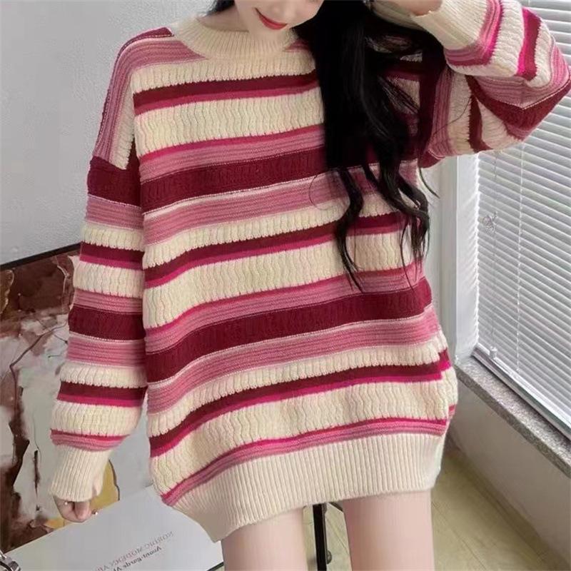 Retro Striped Color Block Soft Jacquard Pullover Sweater for Women - Autumn Winter Loose Knit Top
