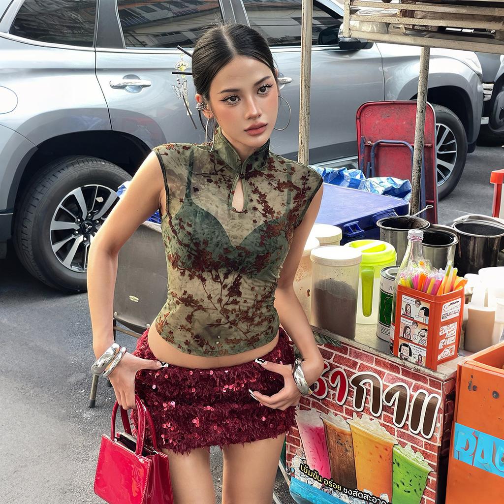 European and American spring new women's clothing fashion printing slim cheongsam collar personalized perspective sleeveless waist top women