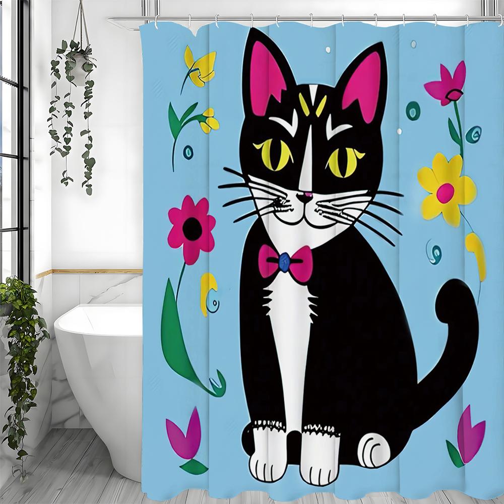 Cartoon Black Cat Floral Shower Curtain, Bathroom Decorative Shower Curtain, Waterproof Shower Curtain with Hooks