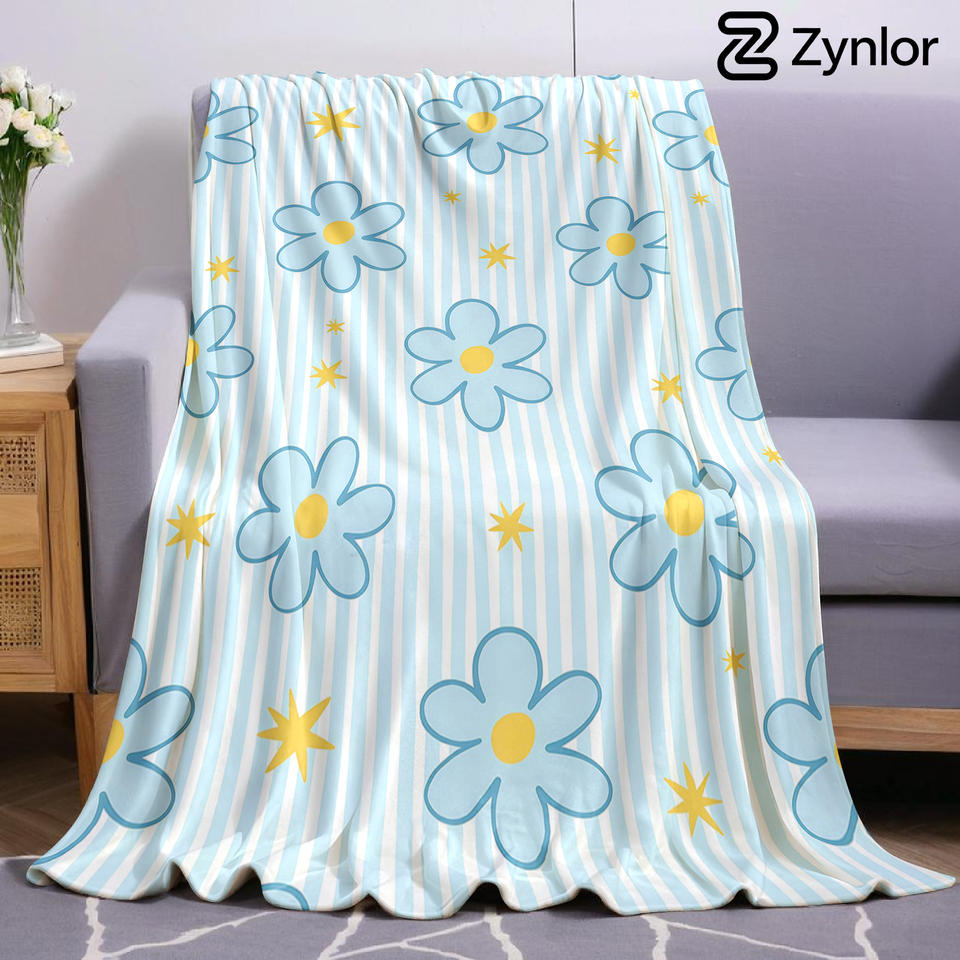 Blue Daisy Stripe Ultra Soft Sherpa Fleece Blanket Fluffy Warm Halloween Cozy Throw for Sofa Couch Bedroom Gift All season