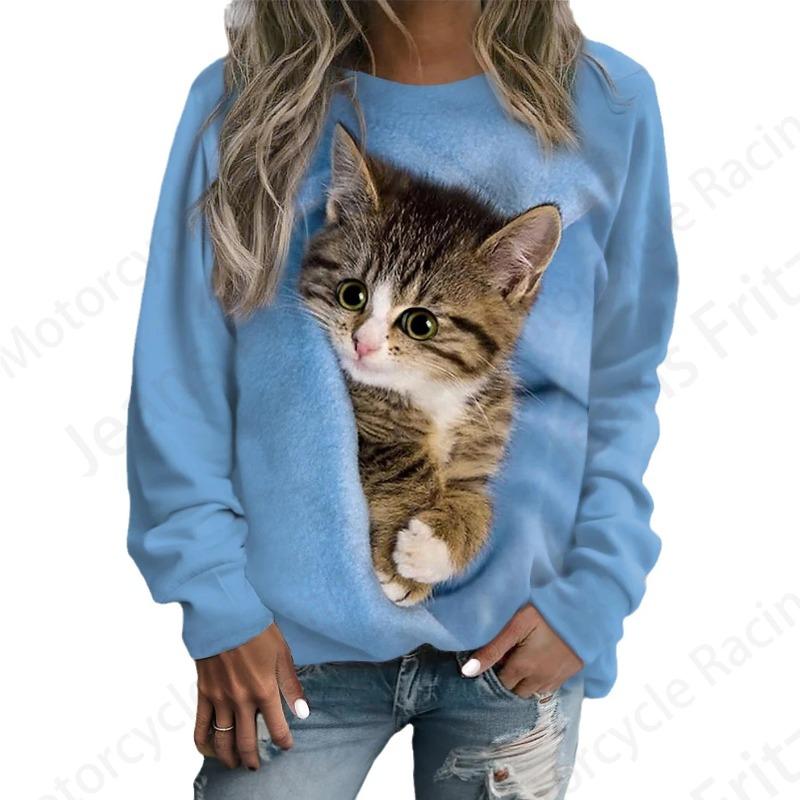 Autumn Long Sleeved Shirt Loose Casual Women's T-shirt Cute Cat Dog Print Fashionable Daily Comfortable Commuting T-shirt