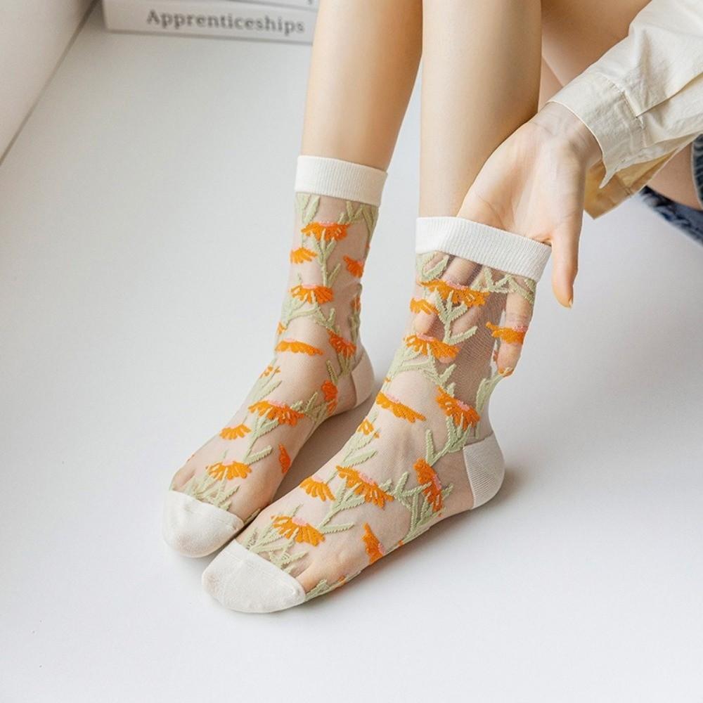 Crystal Silk Floral Embroidery Socks Ultra-Thin Nylon Long Socks Chic Mid-Tube Socks Cosplay