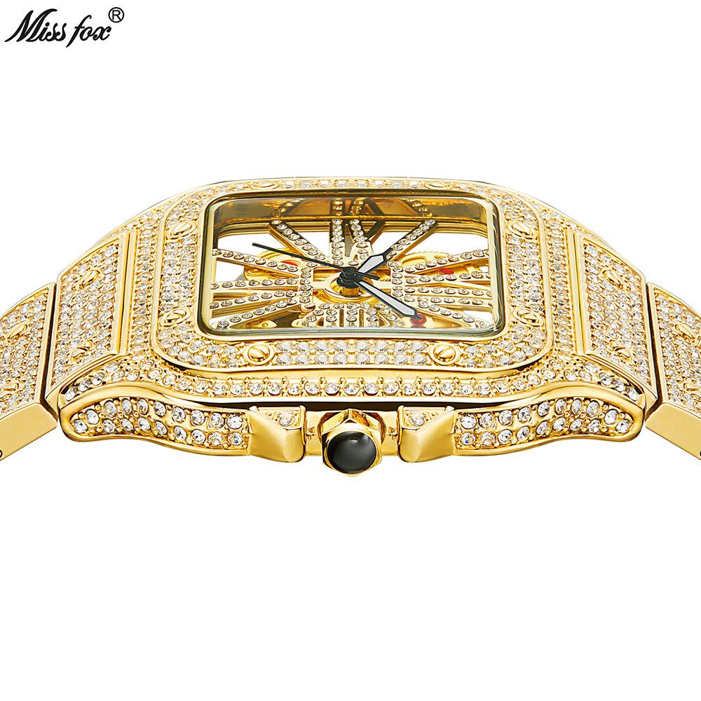 MISSFOX-Fashionable Square Men's Watch Small Niche Design Hollowed Out Hip-hop Full Diamond English Watch