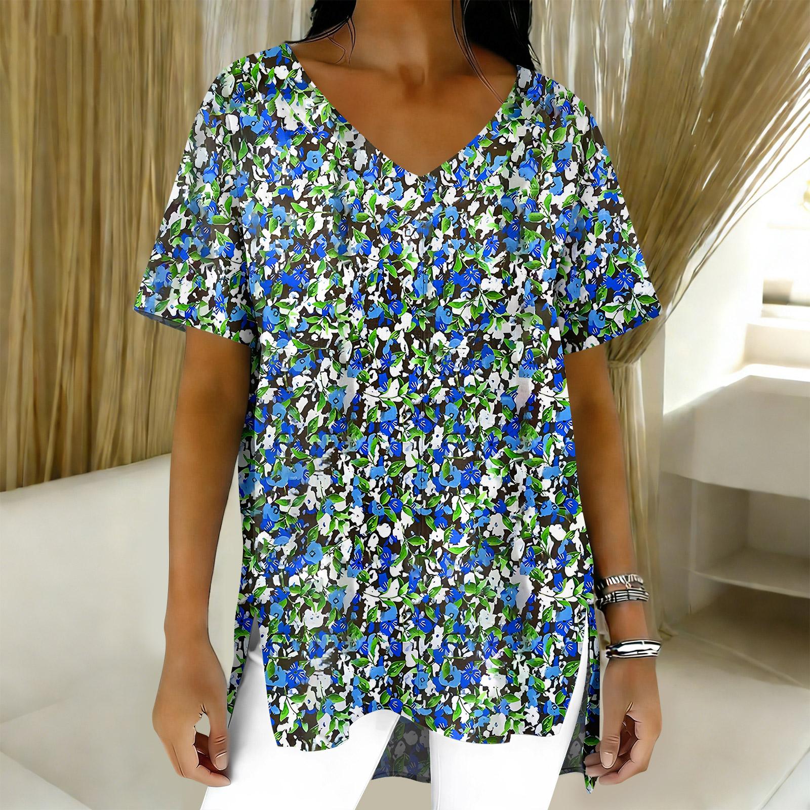 

Women s Fashion Casual Short Sleeve Floral Print Top XL небо синє кольору