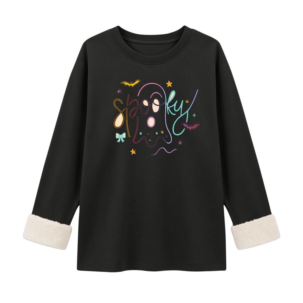 Women's Long Sleeve Round Neck Top with Halloween Print, Cozy Winter Casual Pullover
