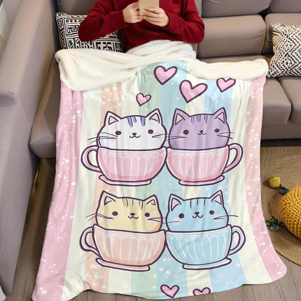 Cup Kitties Flannel Blanket Warm Soft Halloween Christmas Couch Warm Cozy Decorative Decor Gift for All Season