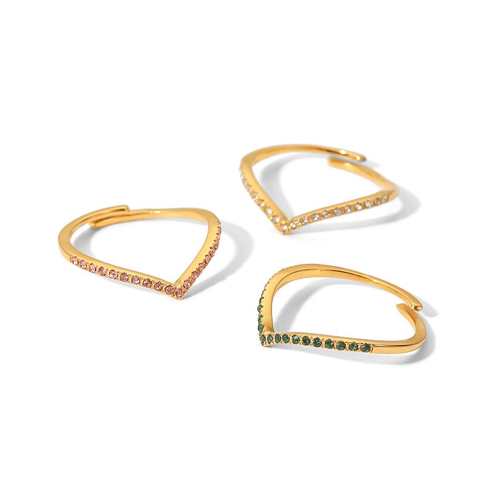 Stylish Trendy And Geometric Ring With 18k Gold And Vshaped Greenpinkwhite Zircon Stones Ins Fashion Accessory
