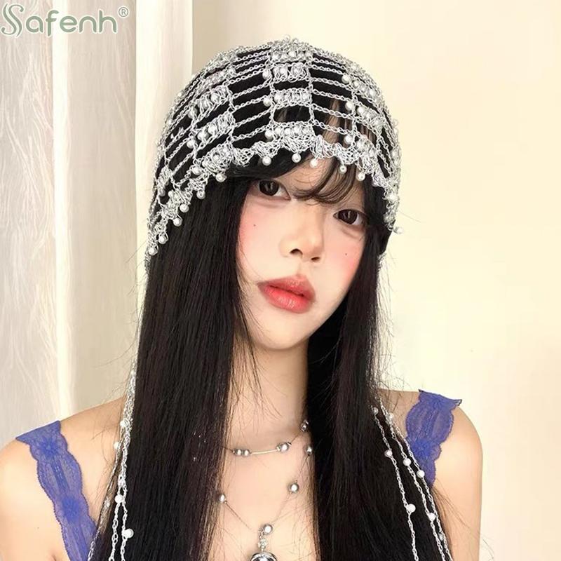 Trendy Handmade Chain Beaded Design Hollow Pullover Hats For Women Summer Autumn Personality Versatile Retro Punk Niche Beanies