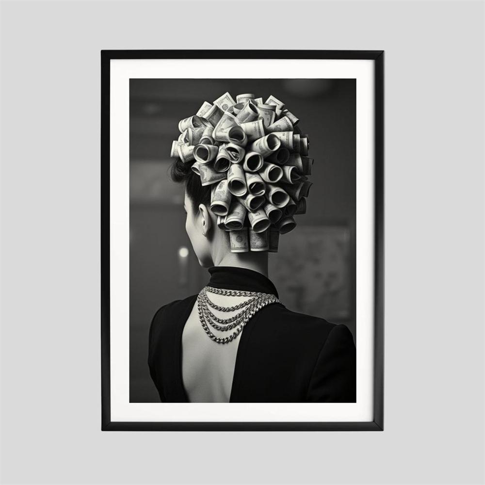 Stylish Elegant Woman with Money Hairstyle Poster Stylish Black and White Fashion Money Wall Art Print Cash Art Decor Canvas 21X30CMNo Framed