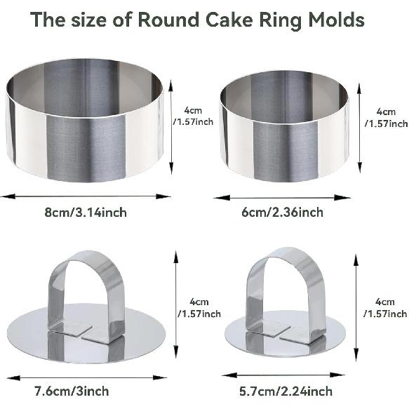 Uncle Jack 4 Pieces Round Cake Ring Molds, Stainless Steel Cake Ring Mold with Pusher, for Kitchen Tools, Baking Pastry, Mousse (Include 4 Rings and