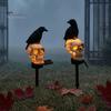 Horror Themed Yard Landscape Ornaments LED Solar Crow Skull Light, Waterproof Halloween Pathway Gothic Decorative Stakes for Flowerbeds on Skeleton