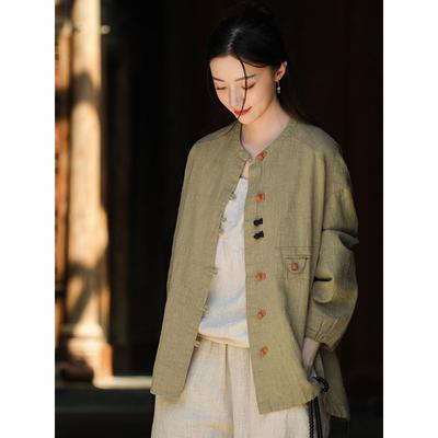 Primavera Algodão Linho Roupas Femininas Arte Retrô Algodão Linho Camisa Feminina Bloco de Cores Botões Cardigan Jaqueta
