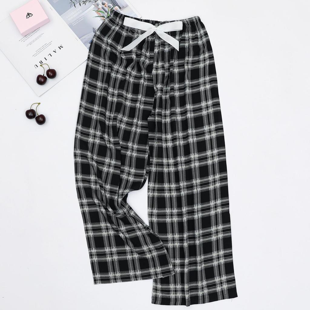 Women's Cotton-Silk Cartoon Pajama Pants, Summer Thin, Black & White Wide-Leg, Plus Size, Outdoor Beach Wear.