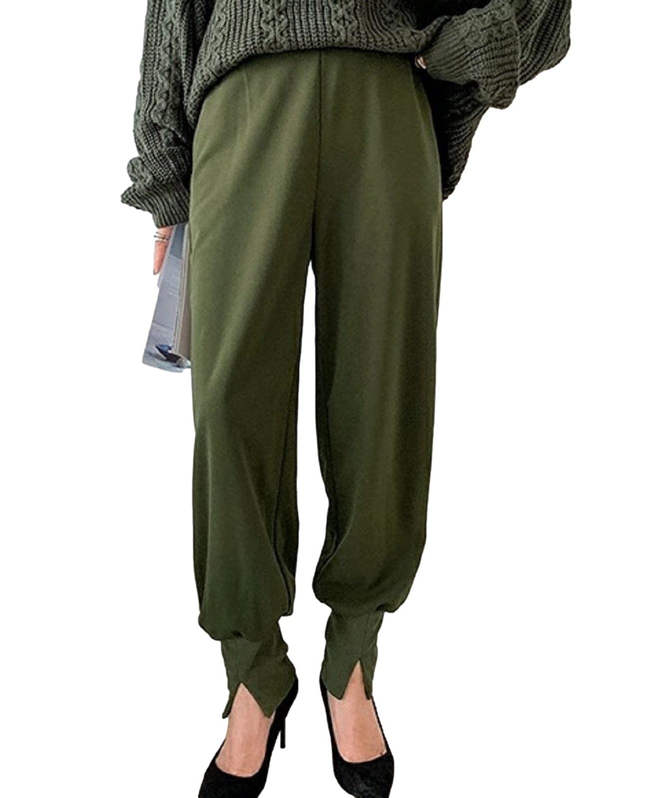 Maison de TAO Relaxed Jogger Pants with Ribbed Hem Slits and Elastic Waist Women s (Khaki)