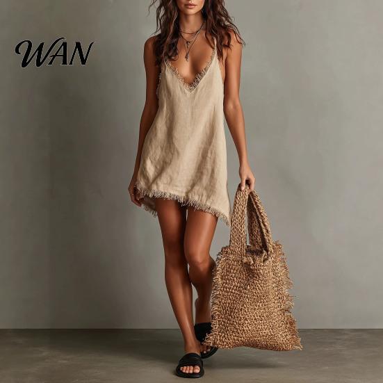 Party Dress Women Short Summer Fringed Deep V Neck Sleeveless Slip Elegant Casual Loose Boho Beach Spaghetti Strap Above Knee Mini
