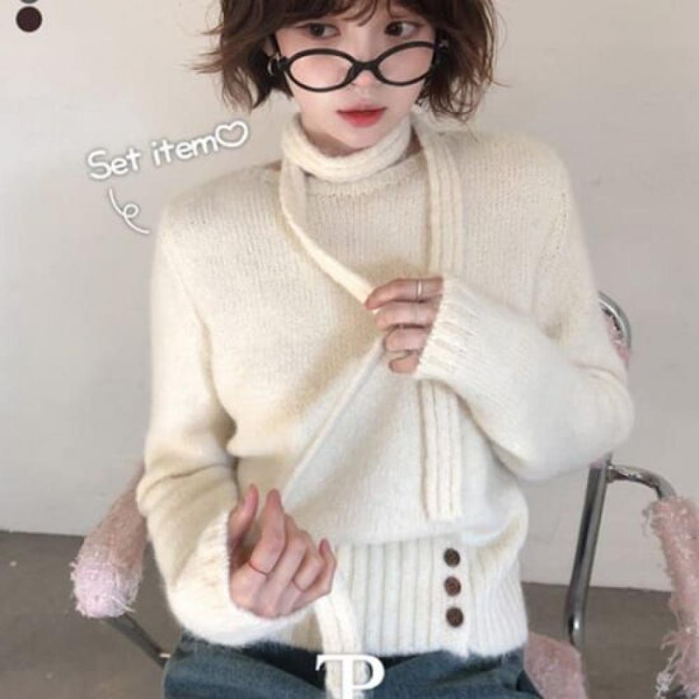The Pink Loose Fit Alpaca Boat Neck Wool Knit + Scarf Set