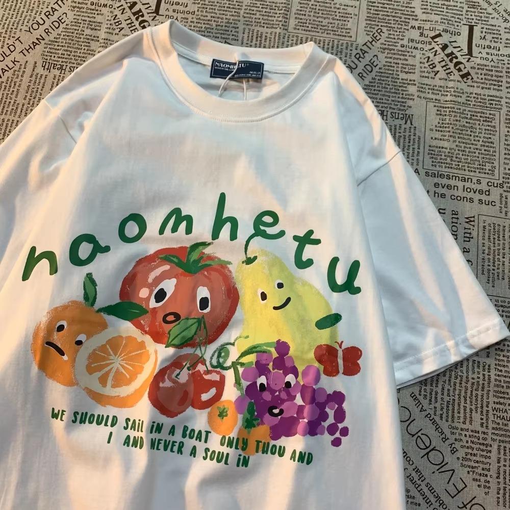 American Retro Fruit Print Round Neck Short Sleeved T-shirt For Men Women Trendy Loose And Versatile Couple Fun Half Sleeved Tee