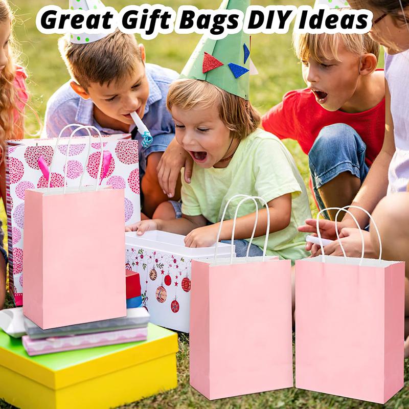 12pcs Kraft Paper Bag with Handle Solid Color Pink Rose Red Party Gift Bags Birthday Gifts Packaging Beverages Storage TMZ
