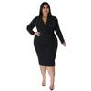 Plus Size European & American Fashion Casual Solid Color V-Neck Long Sleeve Dress
