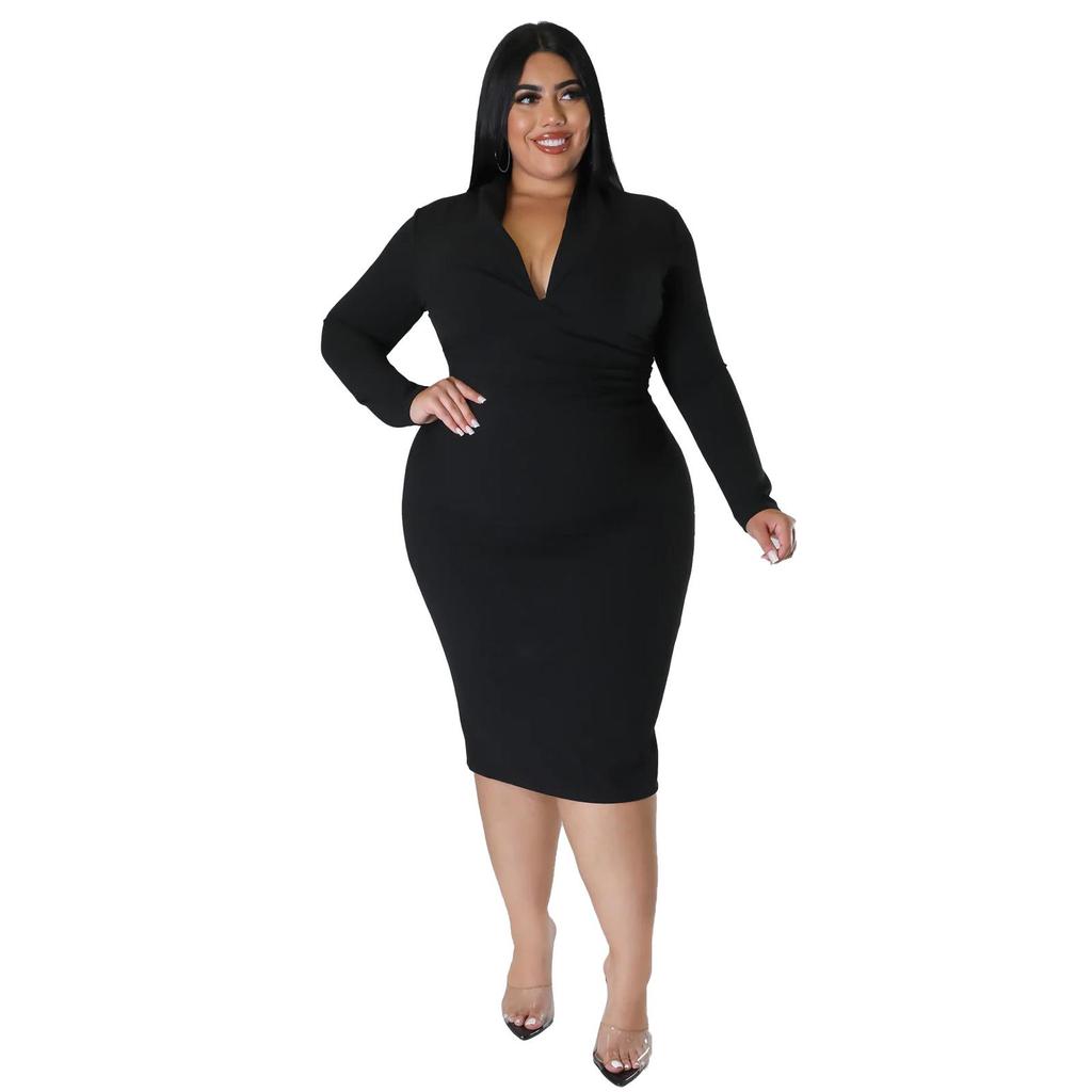 Plus Size European & American Fashion Casual Solid Color V-Neck Long Sleeve Dress
