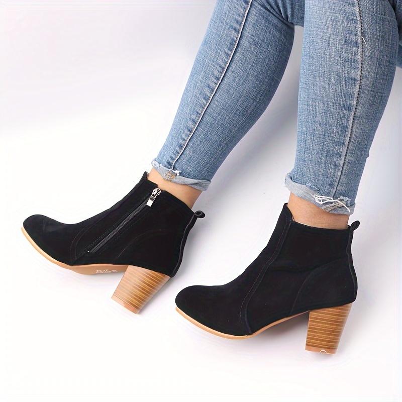Women's Round Toe Side Zipper High Block Heel Ankle Boots - Beige Cover-Like Fabric Upper, Dressy Ankle Boots | Stylish Ankle Boots