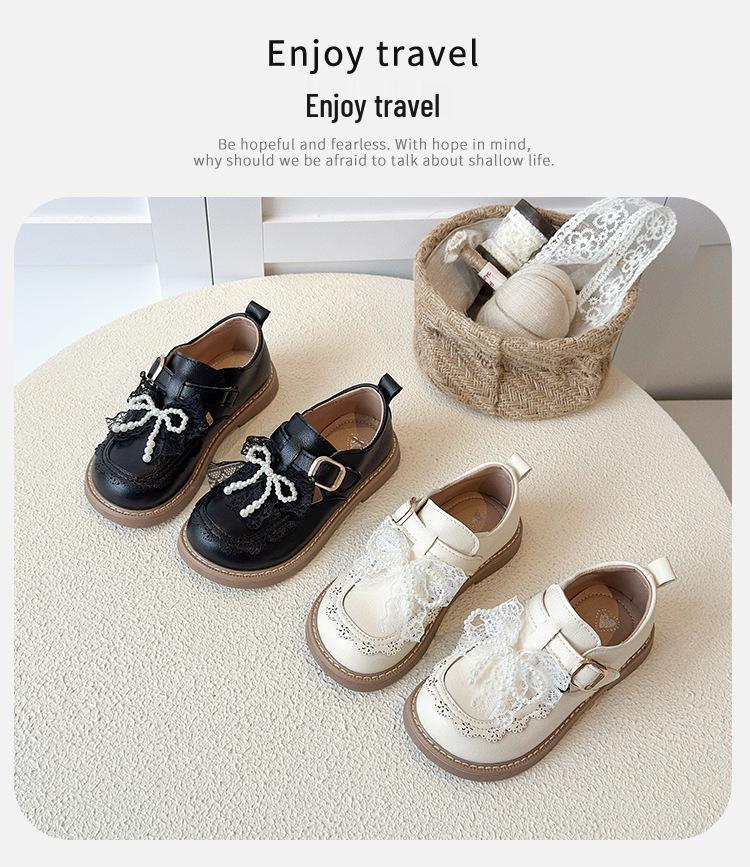 Girls' 2025 Autumn Leather Princess Shoes - Black Bow Mesh