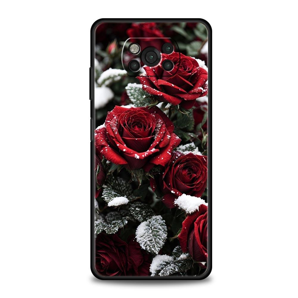 Phone Case For Xiaomi Poco X6 X5 X4 Pro 5G X3 NFC F5 F4 M5 M4 M3 F3 GT C51 C50 C55 Soft Black Cover Beautiful Red Rose Flowers