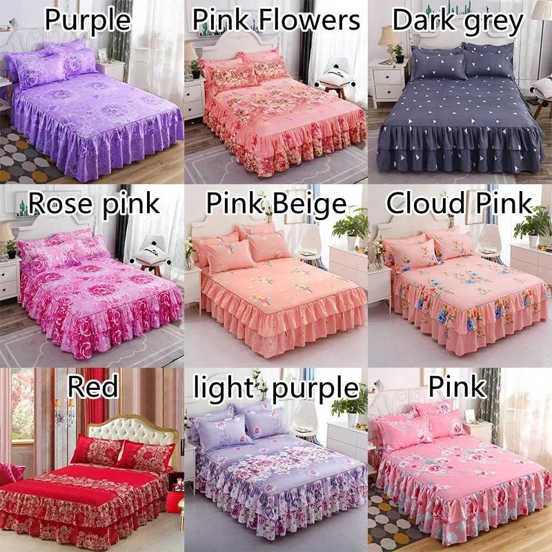 3PCS Ruffle Skirt Bedspread Home Textile Printed Bed Skirt Bedroom Coverlets Bedspreads Sheet Dust Cover Bedding with Pillowcase