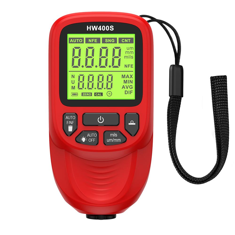 

HW400S Толщиномер для автомобиля 0-2000 мкм Тестер толщины пленки автомобильной краски Измеритель покрытия Fe NFe Цифровой с подсветкой красный