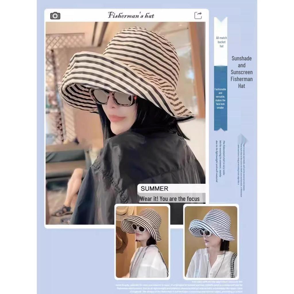 Korean Foldable Striped Bucket Hat for Women – Summer Sun Protection, Large Head Circumference