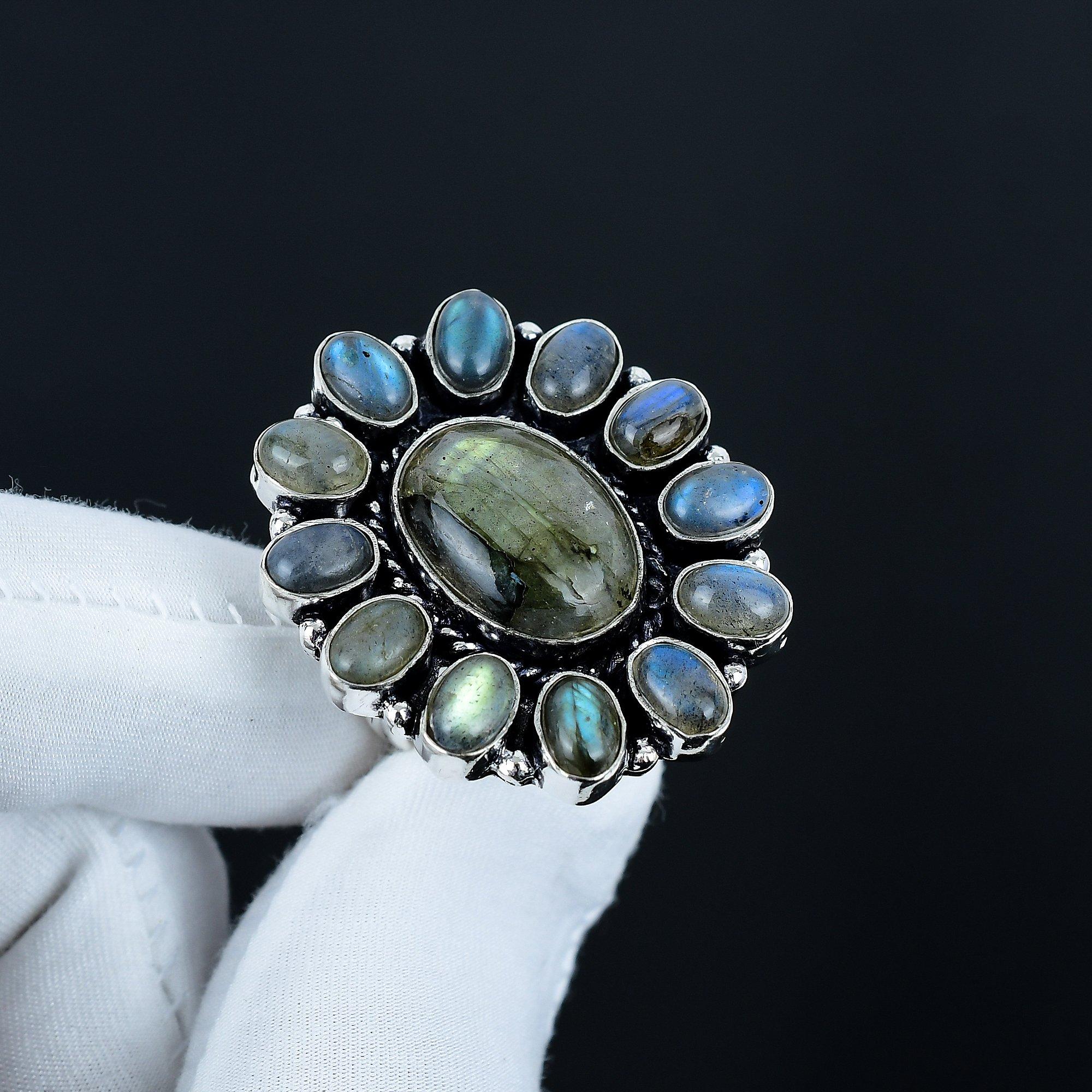 

Кольцо с натуральным камнем лабрадоритом, кольцо из стерлингового серебра 925 пробы, подарок для нее, овальный камень, элегантное кольцо ручной работы, серебряное кольцо с цветком из лабрадорита, подарок любви US 16 синий