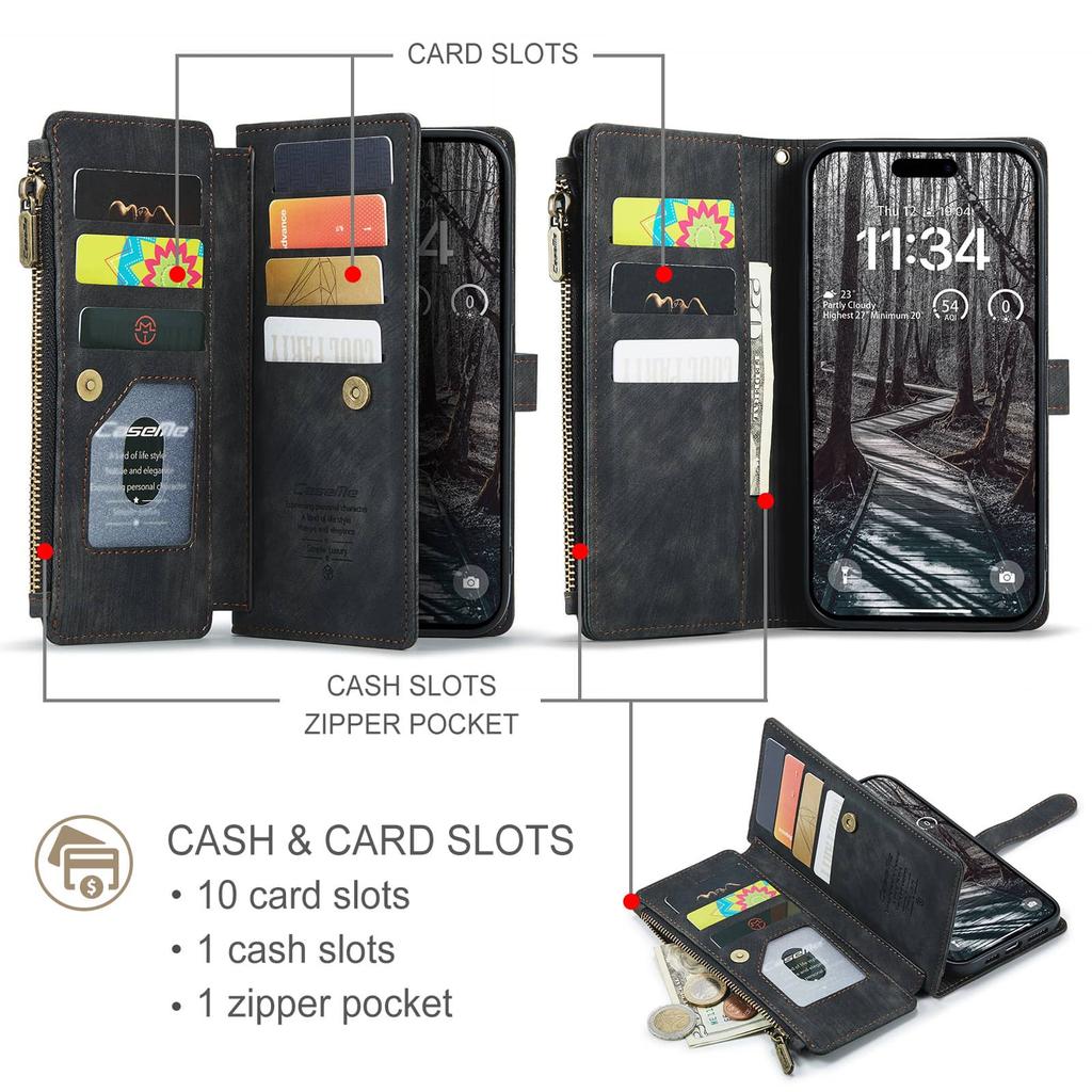 For IPhone 18 Pro Max 18 Pro Case Zipper Wallet PU Leather Flip Cover Wristlet Strap Card Holder Slot Shockproof for Women Men