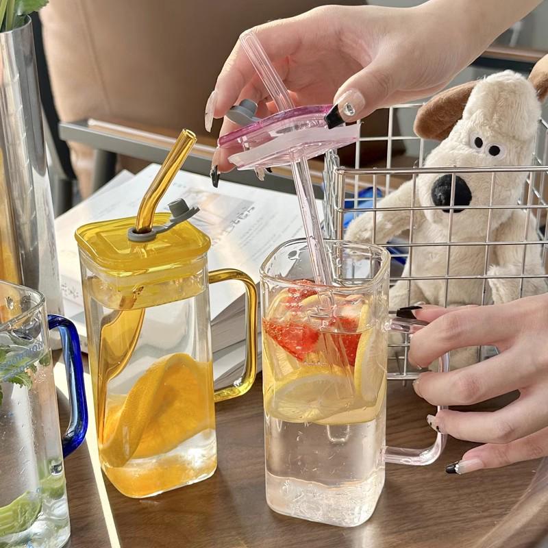 350ml Glass Straw Cup With Lid And Straw Iced Coffee Handle Cup Drinking Mug For Juice Milk Tea