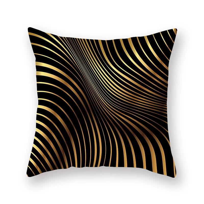 Decorative Throw Pillows Case Polyester Black Gold Geoetric Wave Cushion Cover For Sofa Home Car Bedroom 45X45Cm