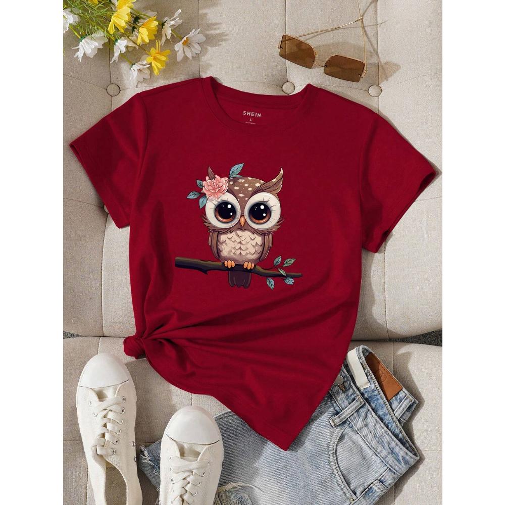 Women's Summer Cartoon Owl Printed Round Neck Short Sleeve Casual T-Shirt