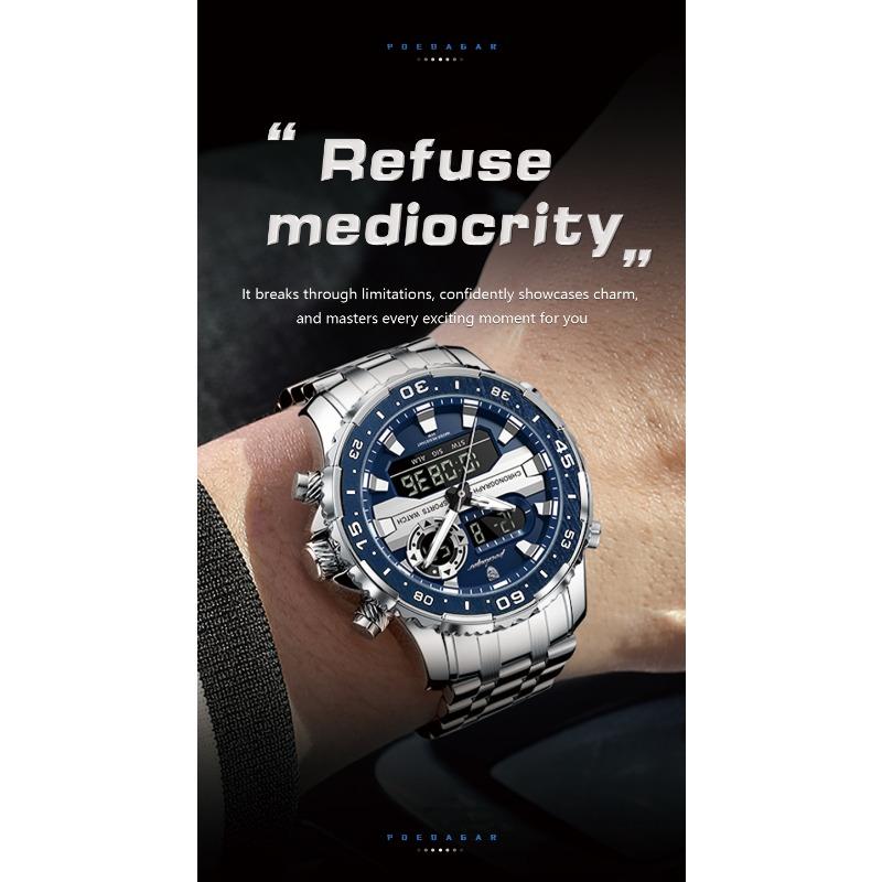 POEDAGAR Electronic Fashion Man Wristwatch Week Date LED Luminous Men Watch Dual Time Display Digital Quartz Watches