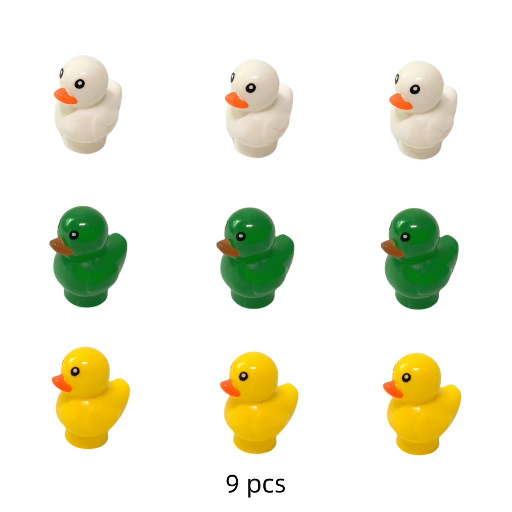9 Stück Mini-Enten MOC Baustein Set DIY Montage Spielzeug Spielsets Weiß Gelb Grün 3 Farben Verschiedene Tier Szenen Dekorationen