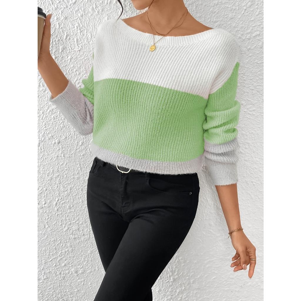 Spring Autumn Women's Color Block Patchwork Knit Sweater, Crew Neck Long Sleeve Pullover Top
