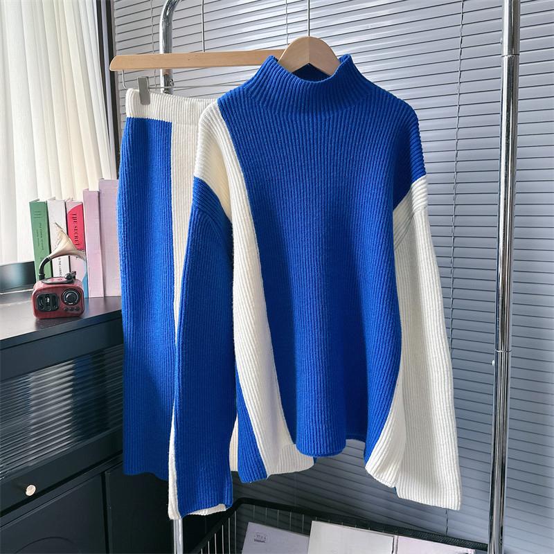 Design Sense of Niche High Neck Sweater Women Fashion Two-piece Autumn and Winter Color Collision Knitting Suit High Waist Half-body Skirt