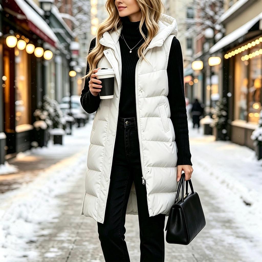 Women's Casual Hooded Cotton-Padded Vest Jacket Sleeveless Outerwear for Fall and Winter