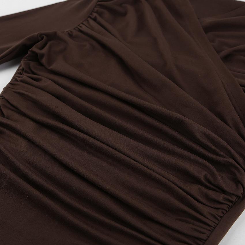 Atmosphere autumn and winter brown versatile bottoming shirt women's design sense European and American new pleated long-sleeved slim-fit top